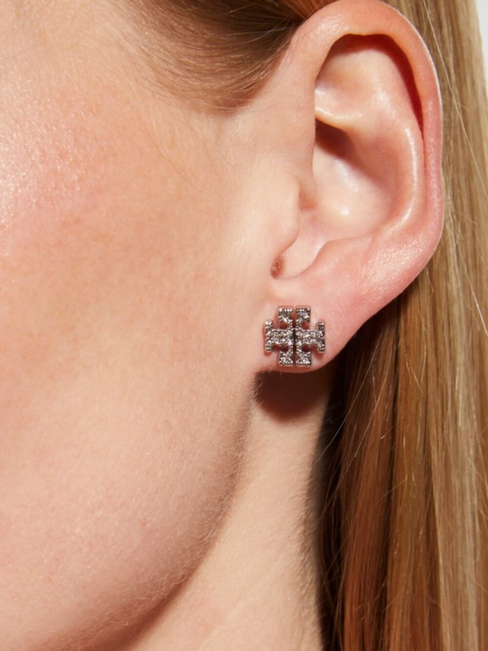 Tory Burch Icon Pavé Stud Earrings Silver Tone - Picture 4 of 4